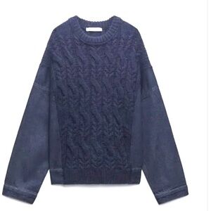 Zara Navy Blue Cable Knit Denim Mixed Media
Combination Fabric Sweater